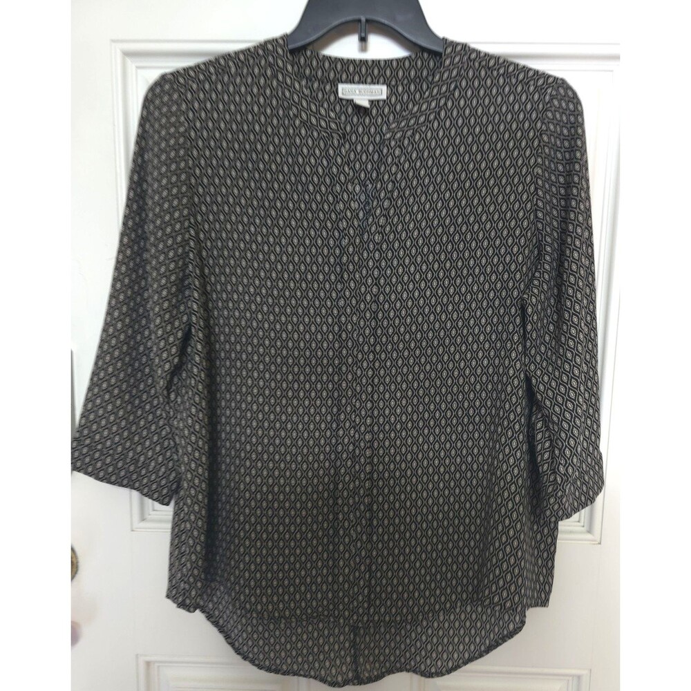Dana Buchman Women's Size L Top Beige White Black 3/4 Sleeve V-neck.